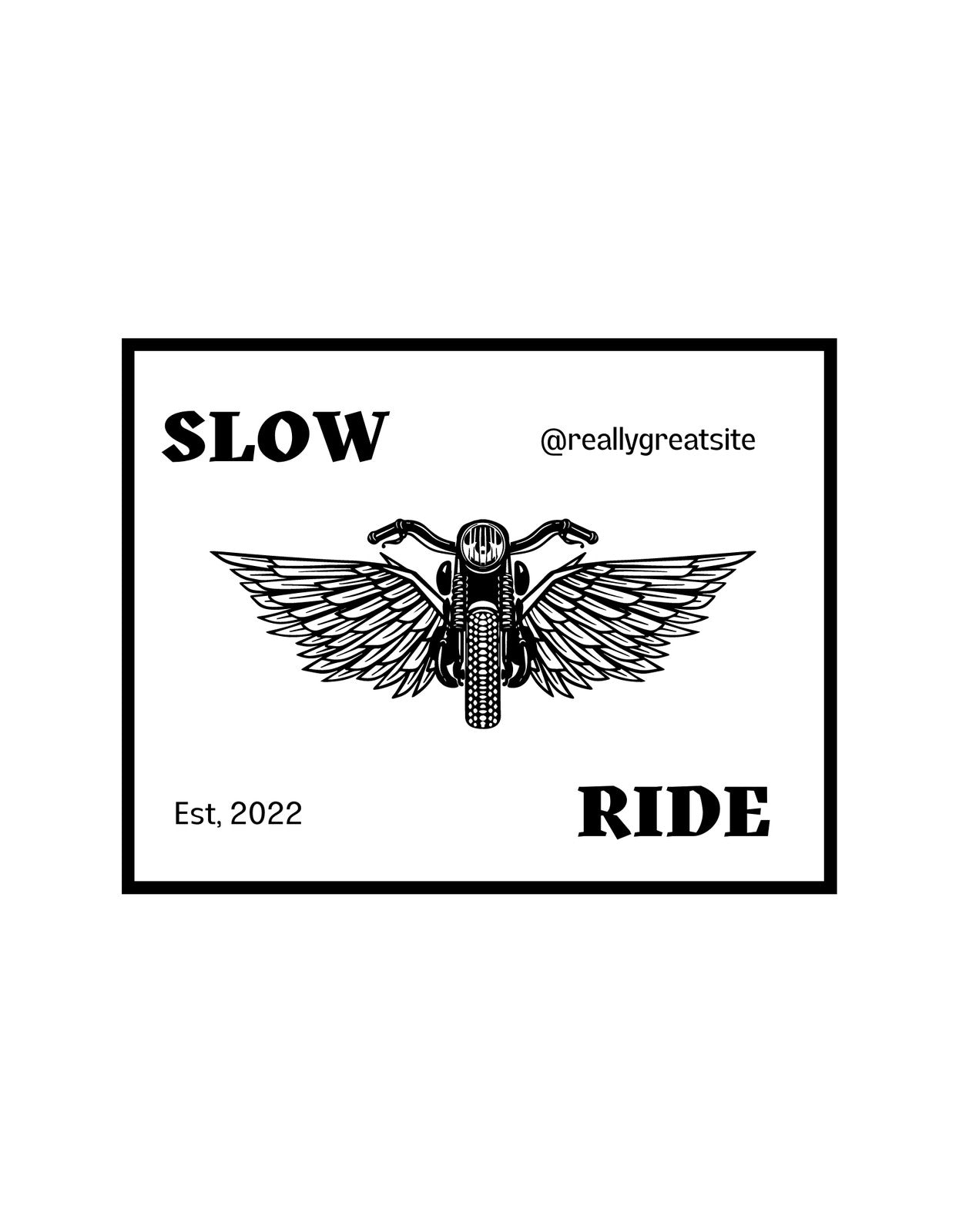 Egy vintage hangulatot árasztó motor és szárnyak rajza, a "SLOW RIDE" felirattal és egy alapítás évszámával jelzi a stílust és az időtlenséget.