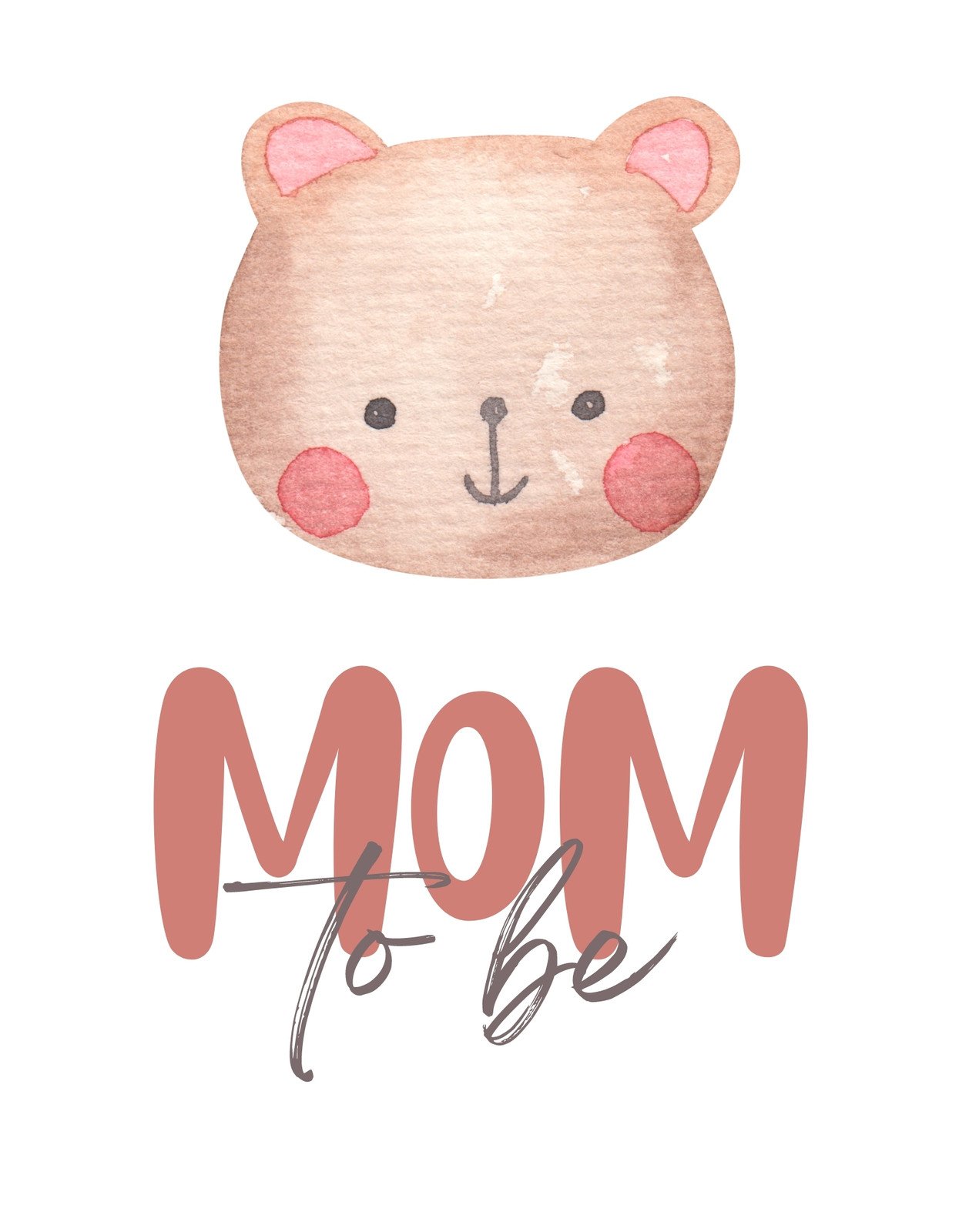 Egy mosolygó medvebocs feje, piros arcpírral, felette a "MOM to be" felirattal lágy írásstílusban.