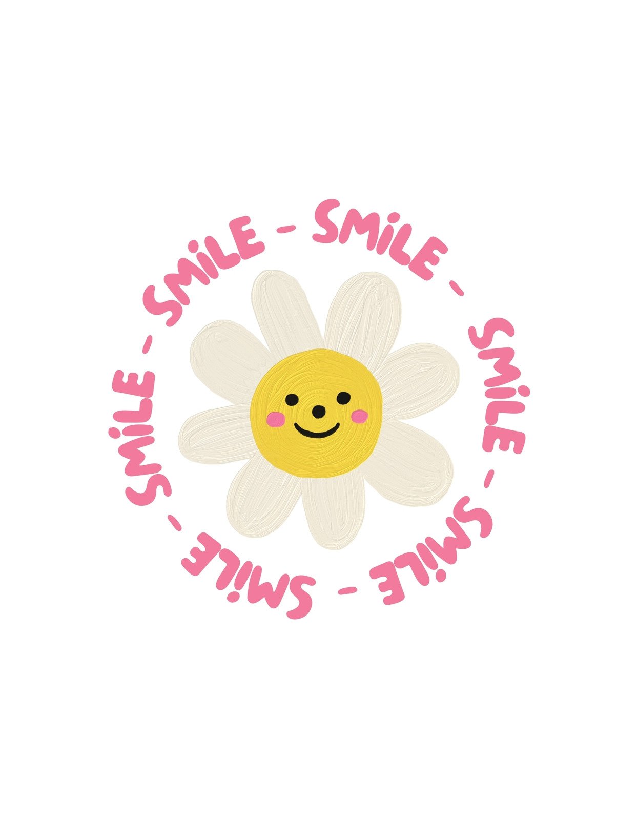 Egy vidám, mosolygós napraforgó, melynek közepén egy boldog arcocska látható, körben a "smile" szó ismétlődik.