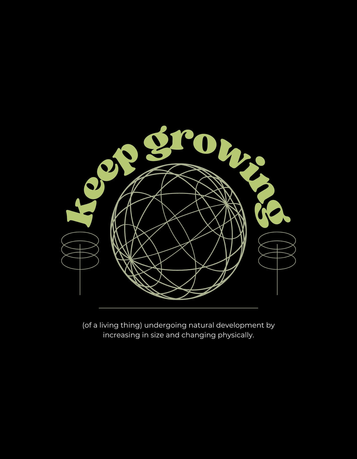 Összetett geometriai mintákat örvénylő gömb, és az "keep growing" inspiráló üzenetével ez a dizájn egy áramló fejlődést és állandó növekedést sugároz. Az alsó részen apró betűkkel egy magyarázó szöveg található a növekedésről és fejlődésről.