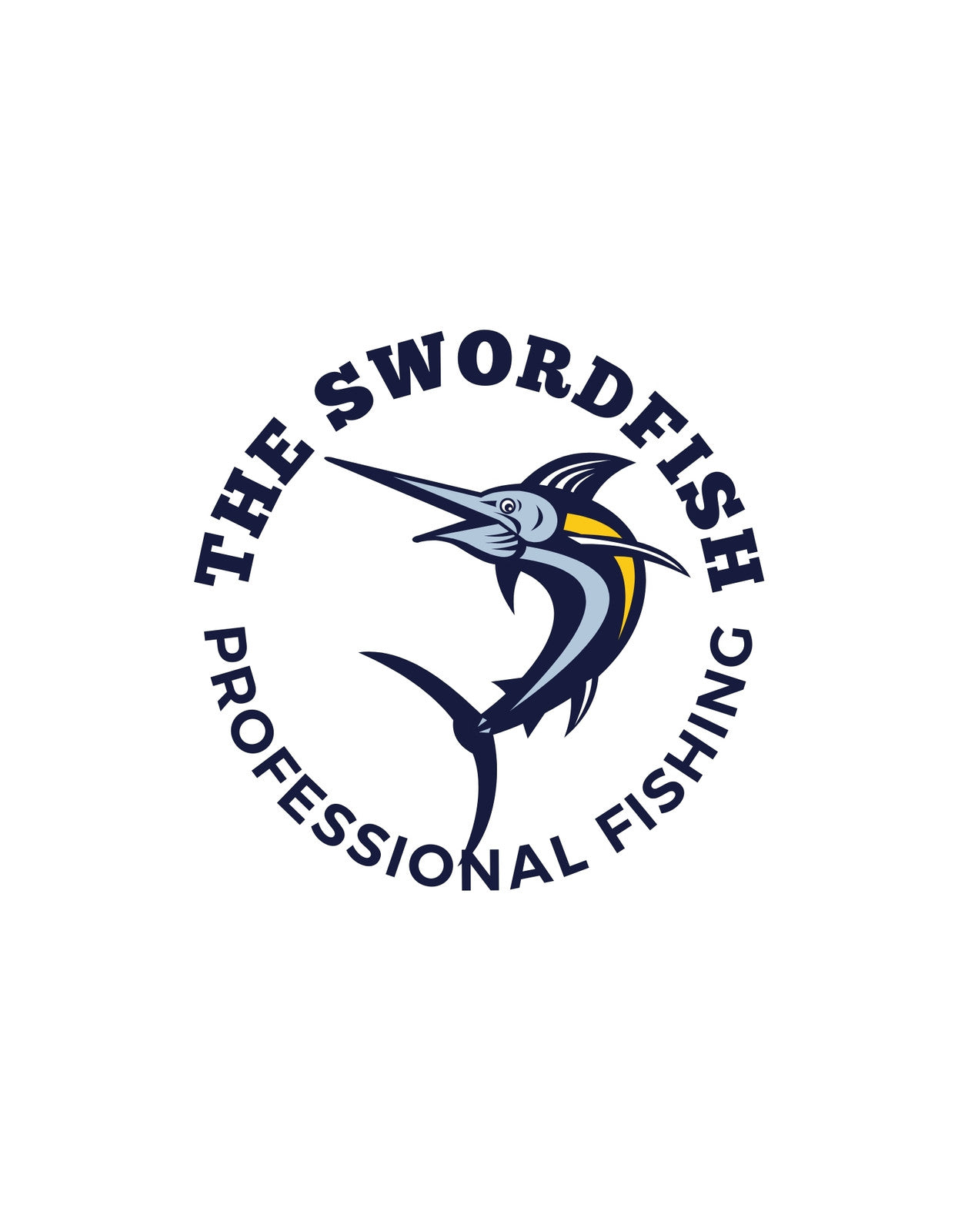 Egy dinamikus kardhalat ábrázoló dizájn, körbe véve a "THE SWORDFISH PROFESSIONAL FISHING" felirattal. A kép stílusos és letisztult, kifejezi a horgászat iránti szenvedélyt.