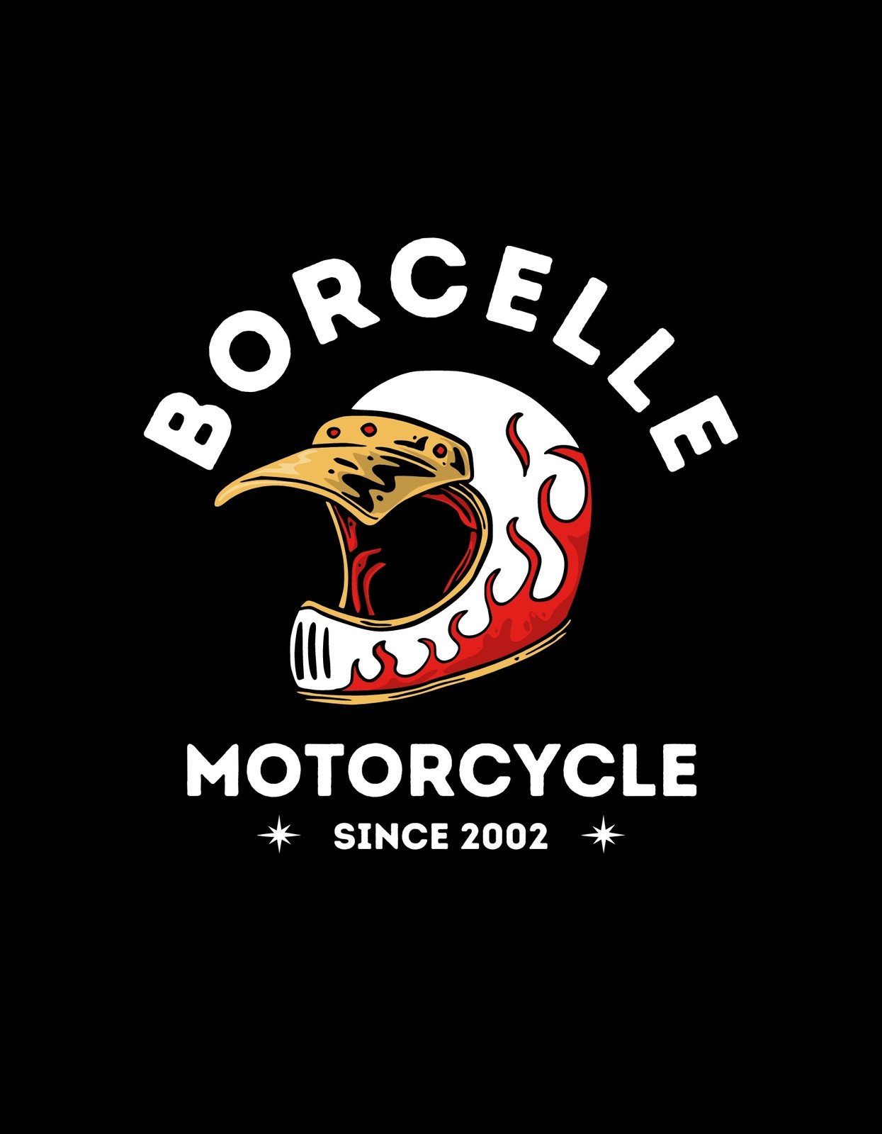 Egy lendületes és erőteljes sasfejet ábrázoló grafika, lángnyelvekkel és éles tekintettel, ami a motoros szabadságot és erőt sugározza. Felettébb a "Borcelle Motorcycle since 2002" felirat látható.