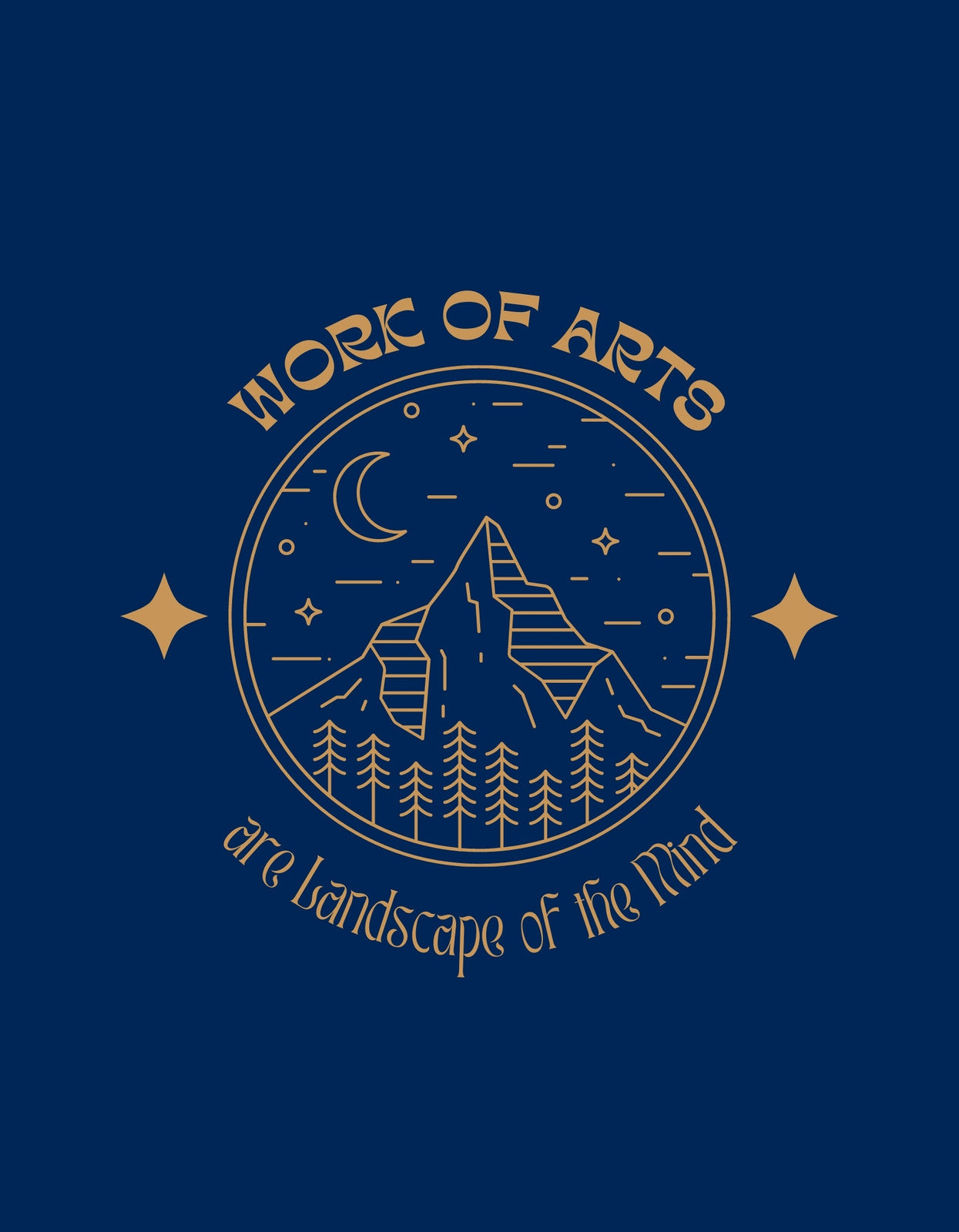 Egy hegyi tájat ábrázoló minimalista stílusú grafika díszíti ezt a tervezetet, körben "Work of Arts - a Landscape of the Mind" felirattal, egy kreatív és inspiráló hangulatot árasztva.