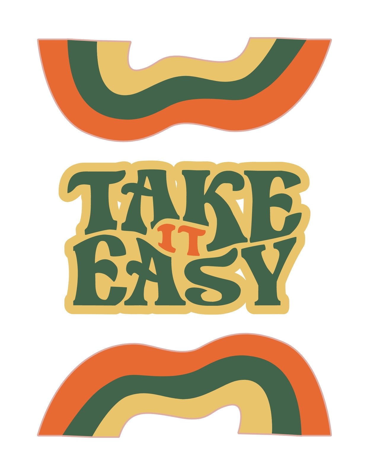 Retro hangulatot árasztó dizájn, ahol a "Take It Easy" feliratot láthatunk stílusos betűtípussal, körülötte narancs, zöld és sárga hullámokkal.