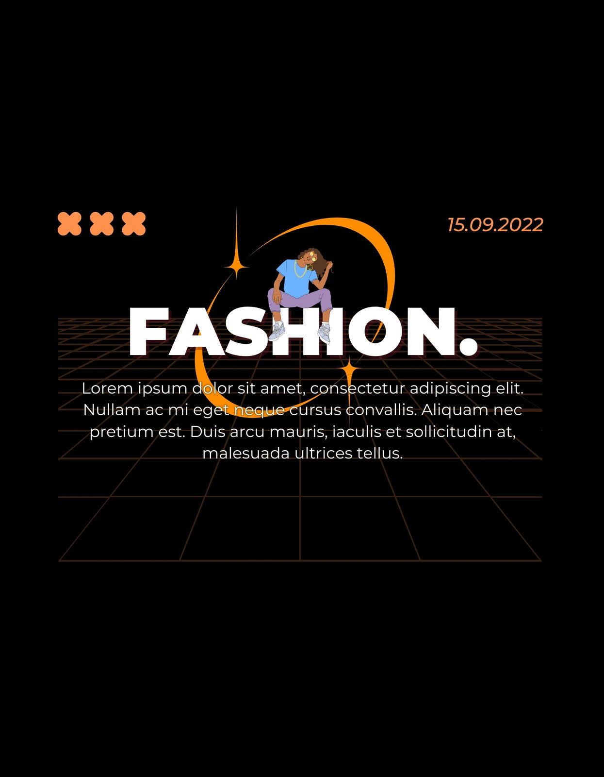 A képen egy modern stílusú, divatos dizájnt láthatunk, amely kiemel egy nagy "FASHION." feliratot, körítve dinamikus elemekkel és absztrakt vonalakkal. A design hangsúlyos és merész.