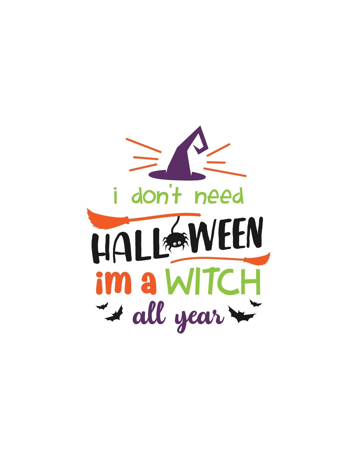 Egy bájos boszorkányos dizájn, amely szellemesen játékos hangulatot áraszt, színes betűkkel és Halloween jelképekkel, köztük seprűvel és denevérekkel.