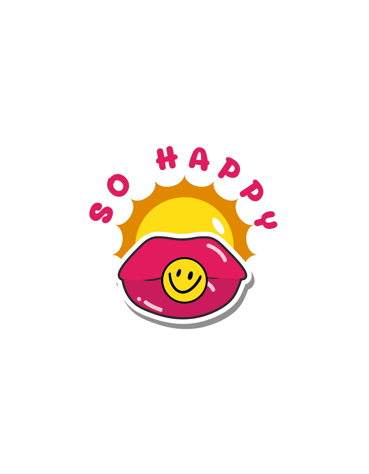 Egy vidám, színes kialakítás, melyben egy mosolygó nap melegét idéző sárga háttéren, rózsaszín ajkak között egy mosolygó emoji látható. A design körül "SO HAPPY" szöveg olvasható, amely a boldogságérzetet erősíti.