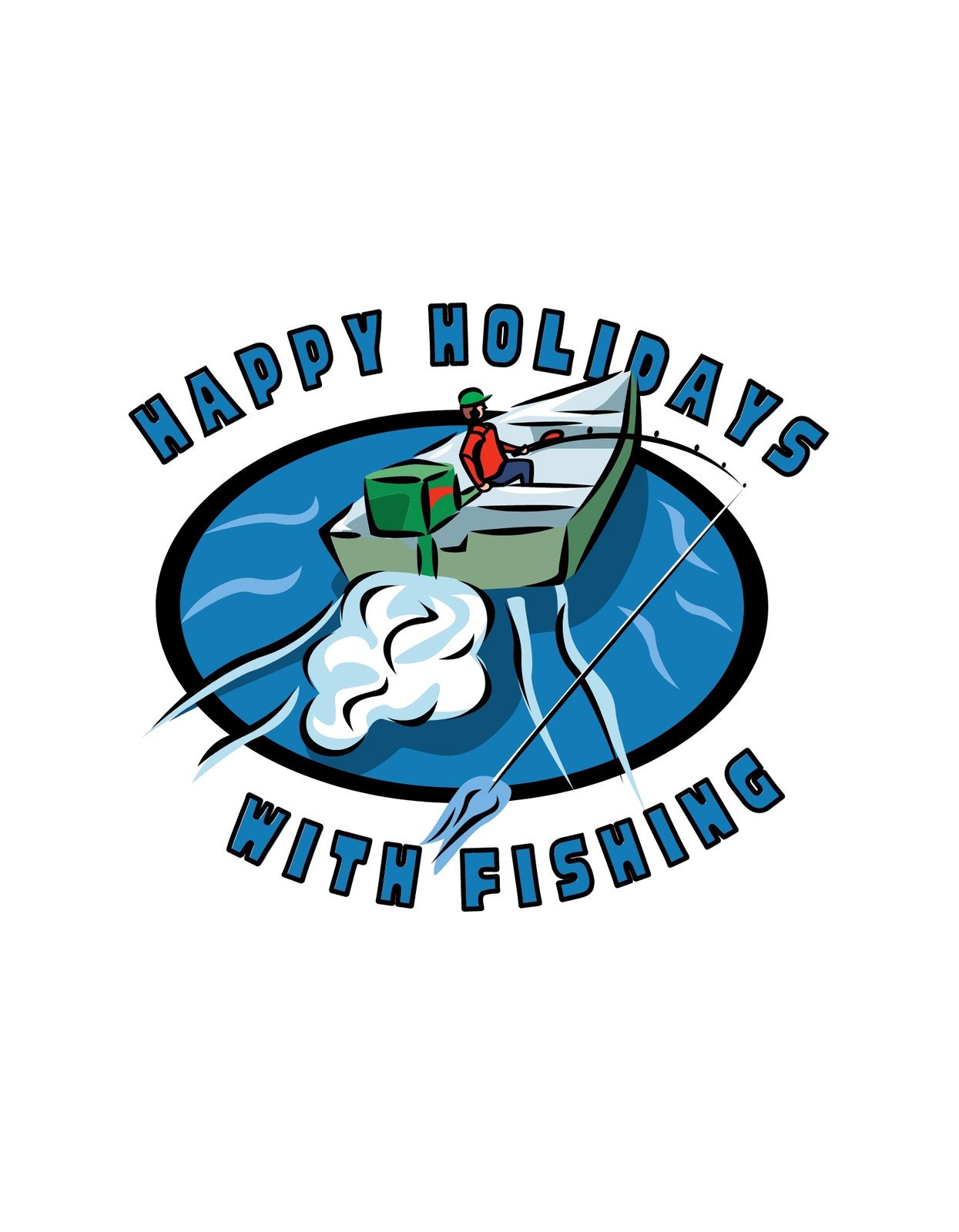 Egy mosolygós személyt látunk horgászni egy csónakban, aki éppen egy nyugodt tengeri környezetben élvezi a napot. Az ünnepi hangulatot a "Happy Holidays with Fishing" felirat fokozza, mely körbeöleli a jelenetet.