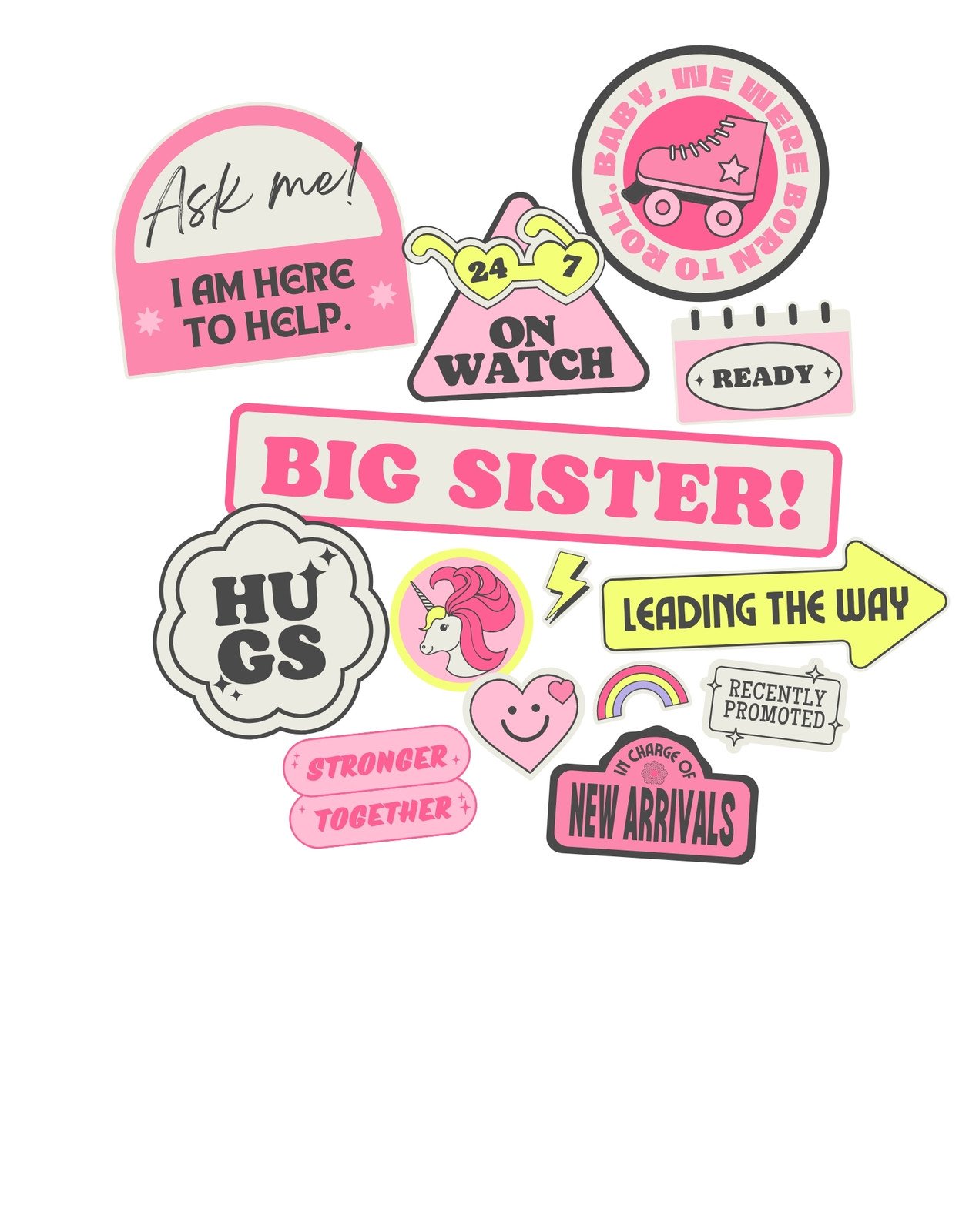 A design tele vidám és inspiráló üzenetekkel, mint például "BIG SISTER" és "HUGS", valamint szív- és csillagmotívumokkal.