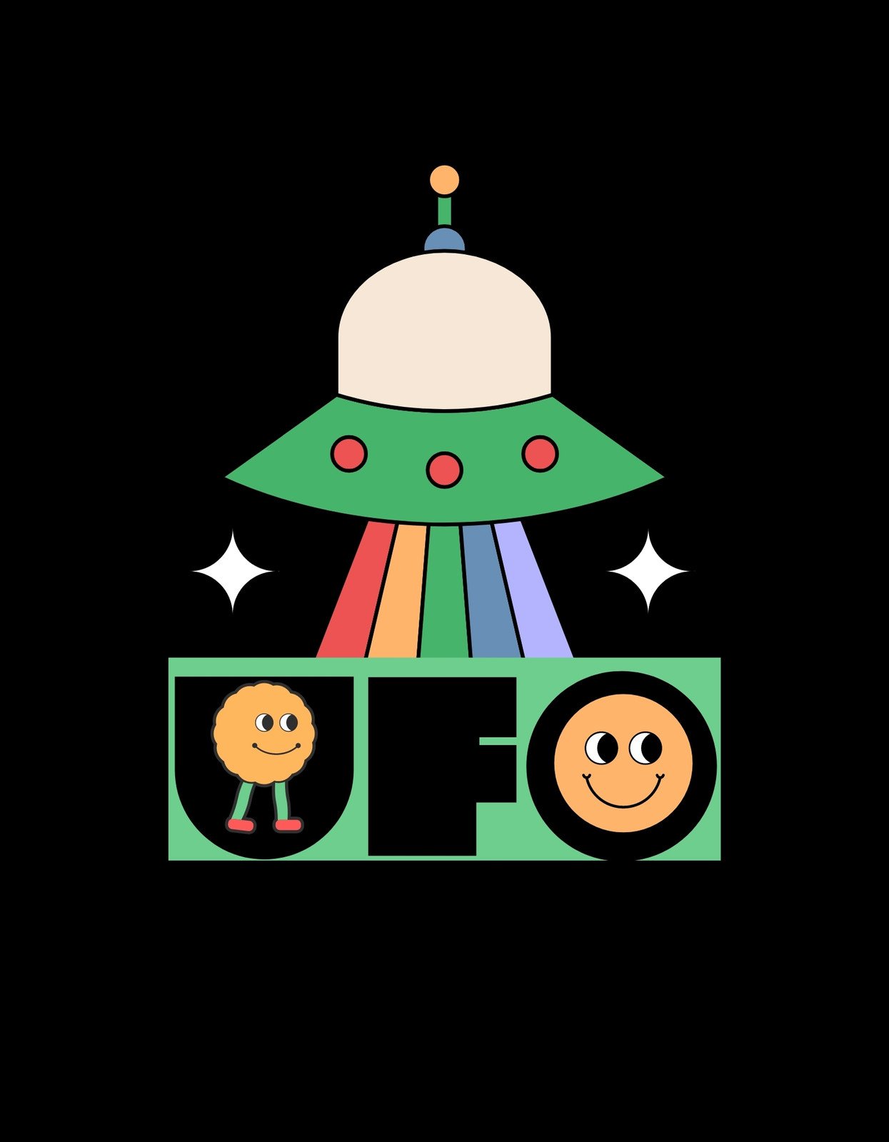 Egy vidám hangulatot árasztó ufós dizájn, melyben egy színes ufó és az "UFO" szöveg látható mosolygós smiley-kkel.
