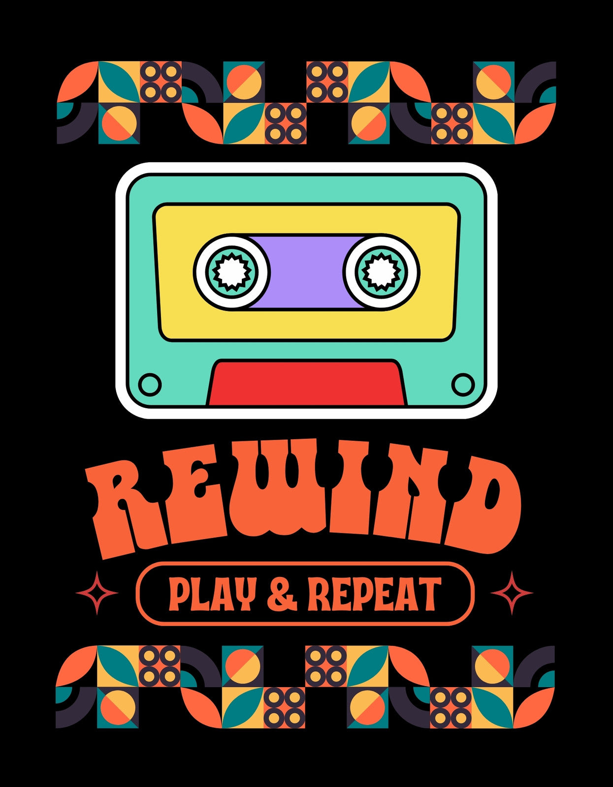 Egy hangulatos retró hangszalag kazetta ábrázolása, színes betűkkel, amelyek a 'REWIND PLAY & REPEAT' feliratot formázzák.