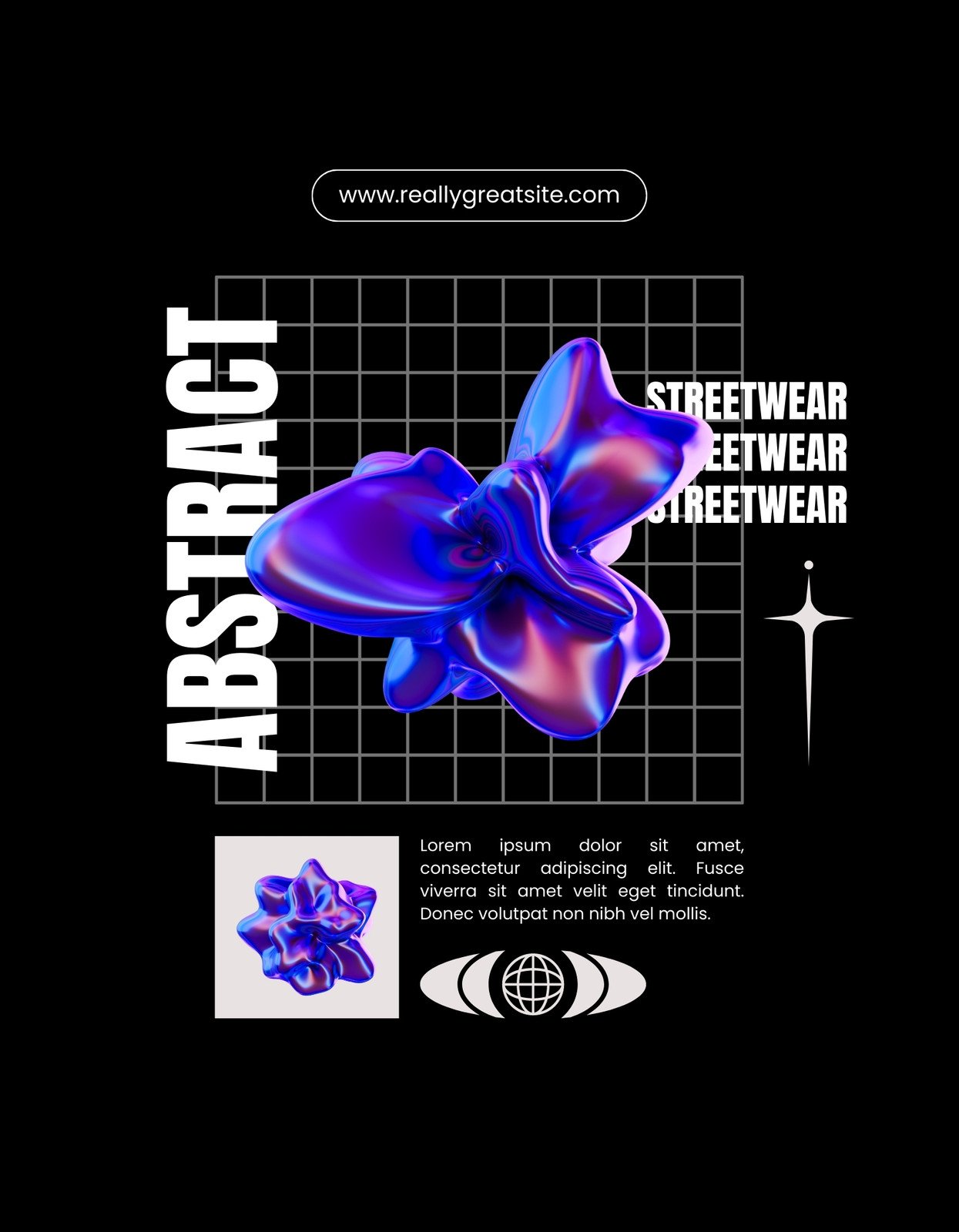 Egy futurisztikus és vibráló absztrakt formát ábrázoló kép, melynek színei kékből lilába átmenő árnyalatokban pompáznak, hangsúlyozva az urban streetwear hangulatát. A háttér egyszerű fekete sakktábla mintával egészül ki.