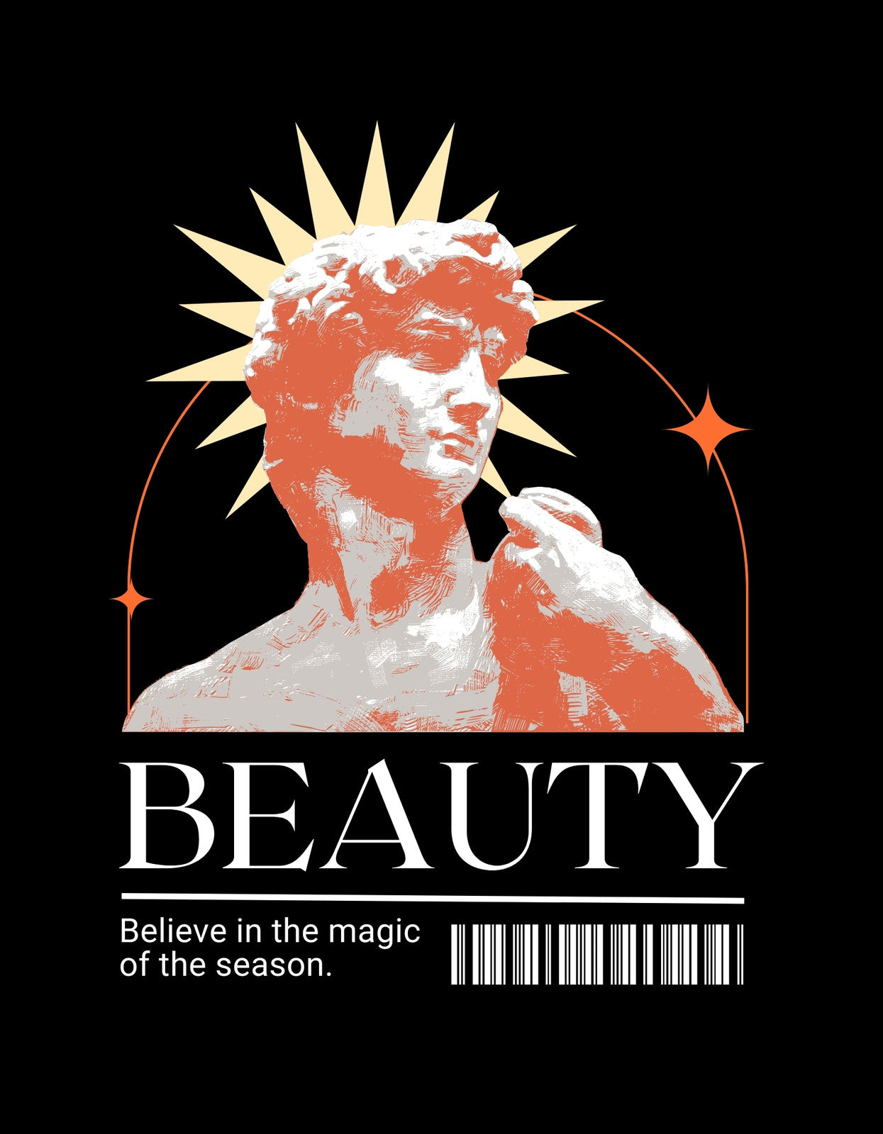 Egy klasszikus szobor képe látható, melyet modern grafikai elemekkel, mint a sugárzó napsugarak és csillagok, tesznek dinamikussá. A kép központjában a "BEAUTY" felirat erősíti a vizuális üzenetet, így teremtve elegáns és inspiráló hangulatot.