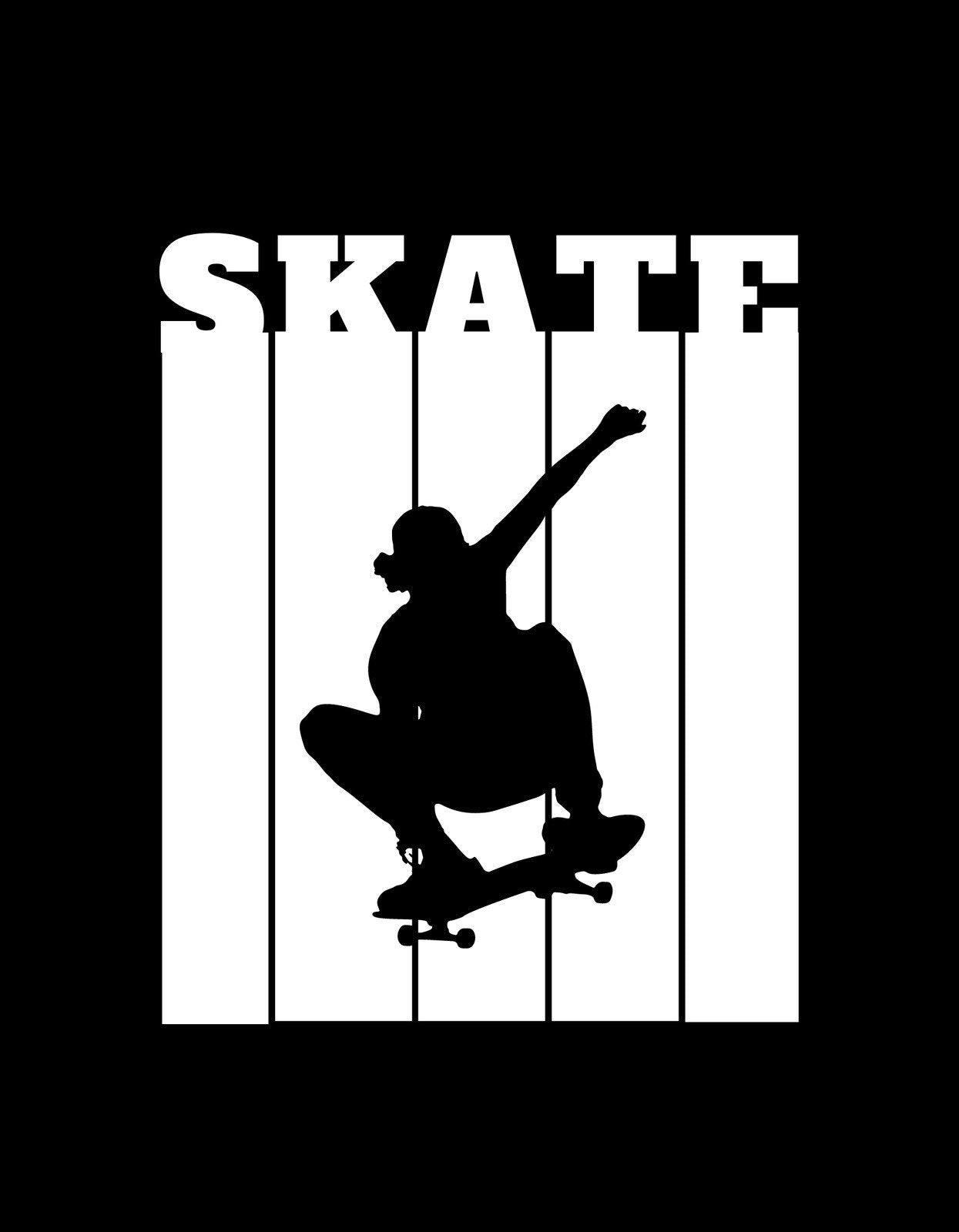 Egy dinamikus gördeszkás sziluettje tűnik elő, aki épp egy trükköt hajt végre, a háttérben pedig az "SKATE" felirat dominál a grafikán.