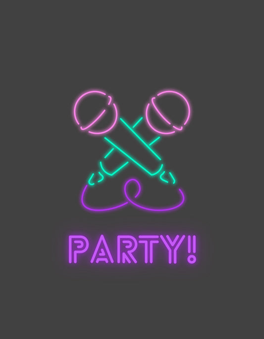  Színes neon mikrofonok kereszteződnek a "PARTY!" felirat felett, kifejezve a zenéhez és szórakozáshoz való vonzalmat egy modern és vibráló stílusban. 