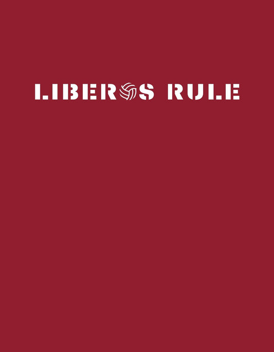 Egy merész, piros alapon fehér színnel megjelenő "LIBER8 RULE" felirat látható, mely egy tenyér körvonalával egyesül, hangulatában forradalmi és lázadó.