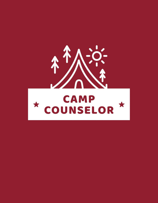 A képen egy sátor, napsugár és fenyőfák stilizált ábrázolása látható a "CAMP COUNSELOR" felirattal, ami a tábori élet örömeit és a természetközeli kalandokat idézi meg. 