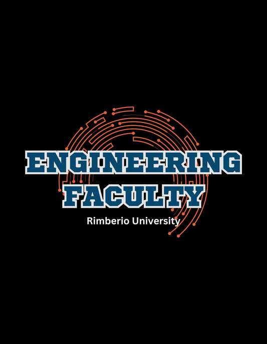 A képen egy elegáns, modern hangulatú egyetemi logó látható "ENGINEERING FACULTY Rimberio University" felirattal, amely egy körforgásban elhelyezett, digitális stílusú vonalakkal van körülvéve. 