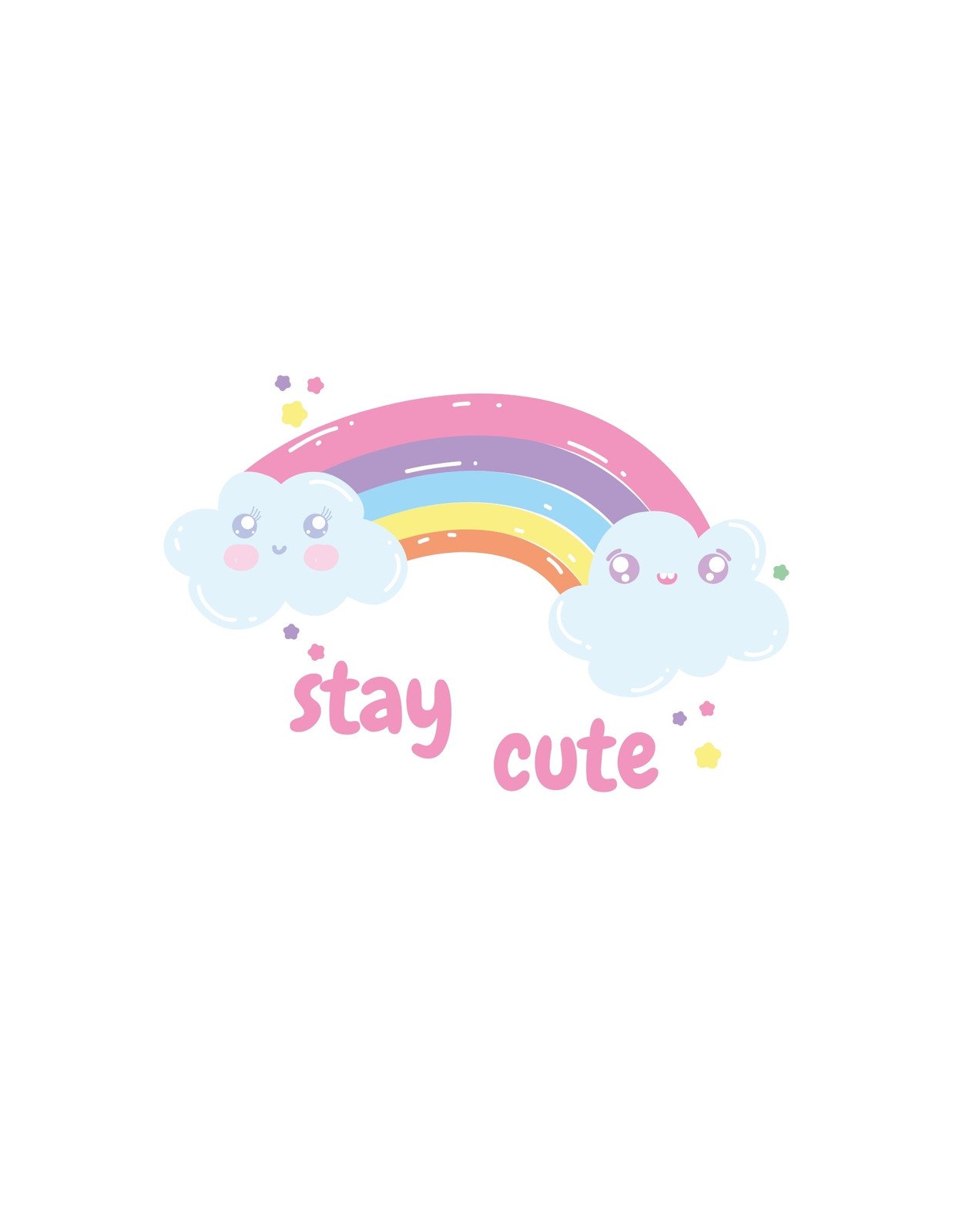 Egy vidám szivárvány, amelyet két aranyos felhő ölel körül, és a "stay cute" felirattal együtt sugározzák a boldogságot és pozitív energiát. 