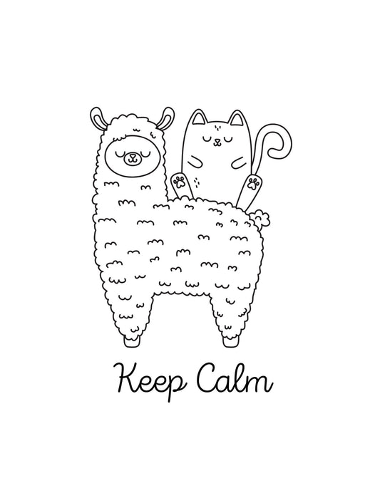 Egy aranyos és pihentető lámán valamint egy nyugodt cica látható, együtt relaxálnak és a "Keep Calm" feliratot hordozzák. A design békességet és derűt sugároz. 