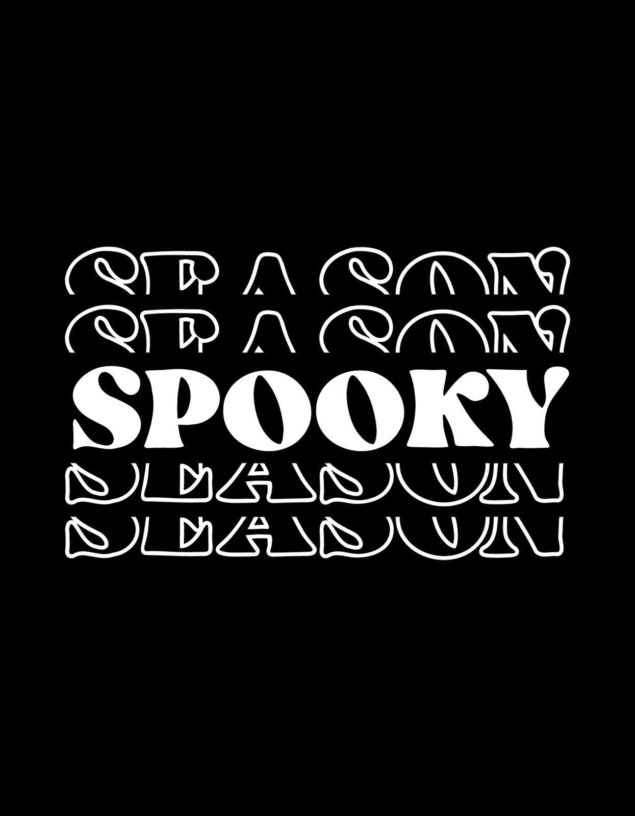 Rejtélyes hangulatú kép fekete alapon, fehér betűkkel, melyek az "SPOOKY SEASON" szavakat formálják megjelenítve dinamikus és stilizált formában. 