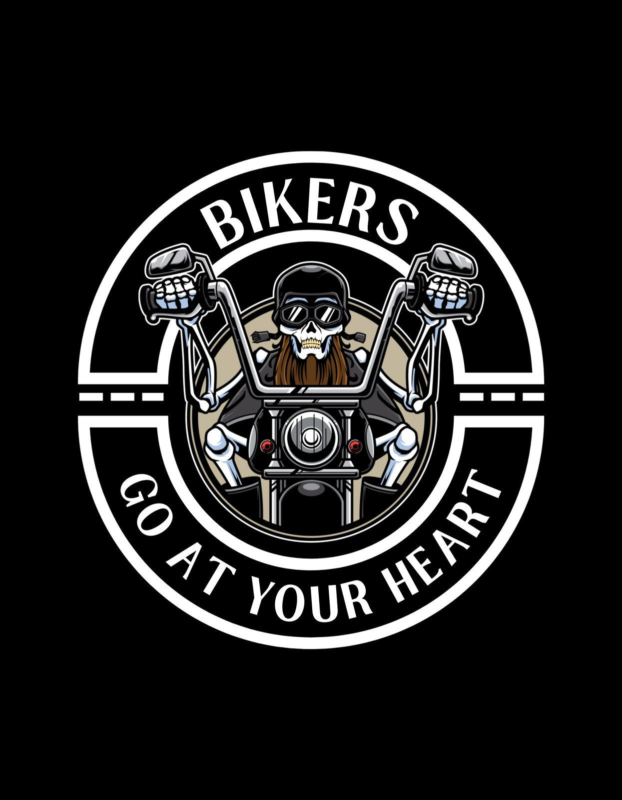 Egy motoros sziluettje látható a képen, szakállal és napszemüveggel, aki magabiztosan markolja a kormányt, egy "BIKERS GO AT YOUR HEART" felirat körözze körbe. 