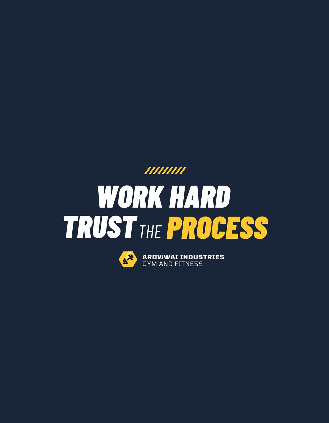 Sötét háttér előtt megjelenő inspiráló üzenet, "WORK HARD TRUST THE PROCESS" felirattal és egy fitness motivációs logóval. A dizájn erőt és kitartást sugároz. 