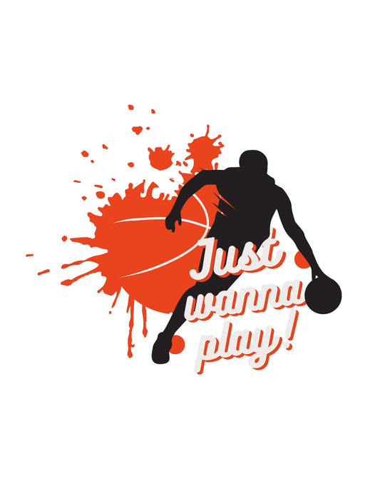 Egy dinamikus kosárlabdázó alakját ábrázolja, vörös és fekete festékspricceléssel, és egy lendületes "Just wanna play!" felirattal. 