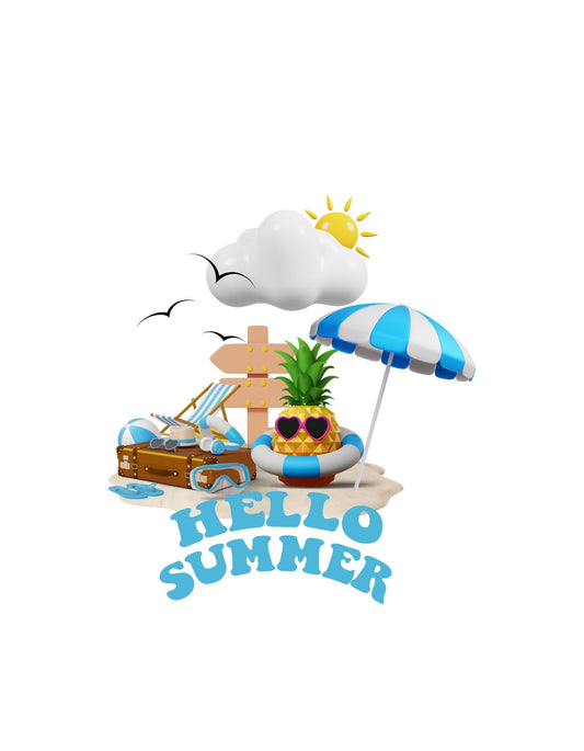  Egy vicces és színes nyárias dizájn, ami egy napszemüveges ananászt, egy napernyőt és egy bőröndöt ábrázol egy tengerparton, a "Hello Summer" szöveggel. 