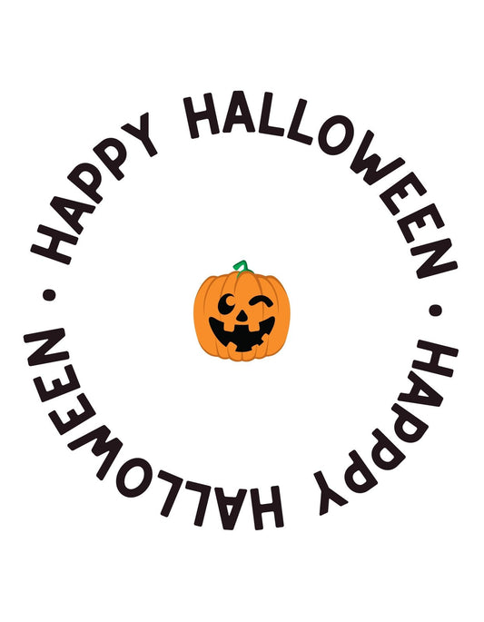 Egy vidám töklámpás vigyorog középen, körbevéve a "Happy Halloween" felirattal. Az ünnepi hangulatot keltő design varázslatos őszi estékre hangol. 