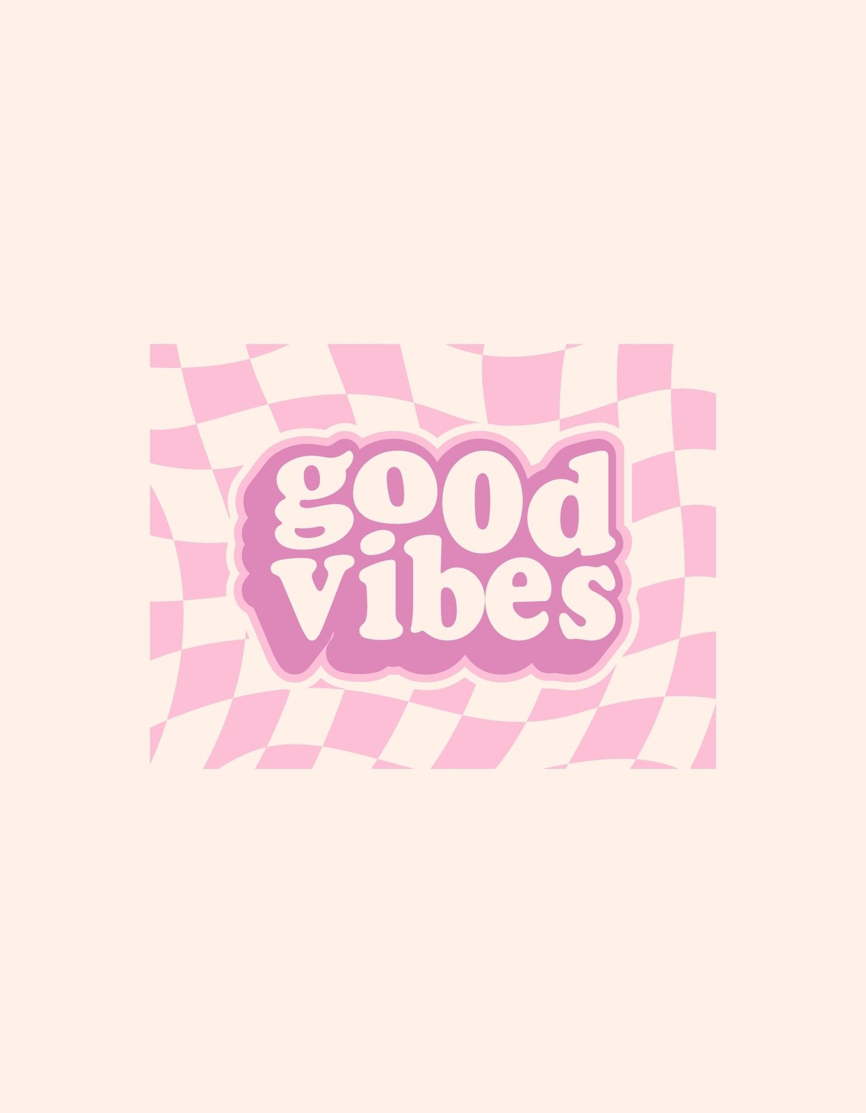 Egy vidám hangulatú, rózsaszín és fehér kockás háttéren helyezkedik el a "good vibes" felirat, ami pozitív energiát sugárzó stílusban készült. 