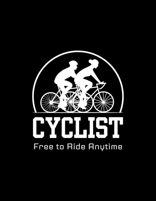 Egy stilizált kerékpáros alakja látható fehér sziluett formájában, fekete háttérrel és egy kerek kerettel, alatta a "CYCLIST - Free to Ride Anytime" felirat szerepel. 
