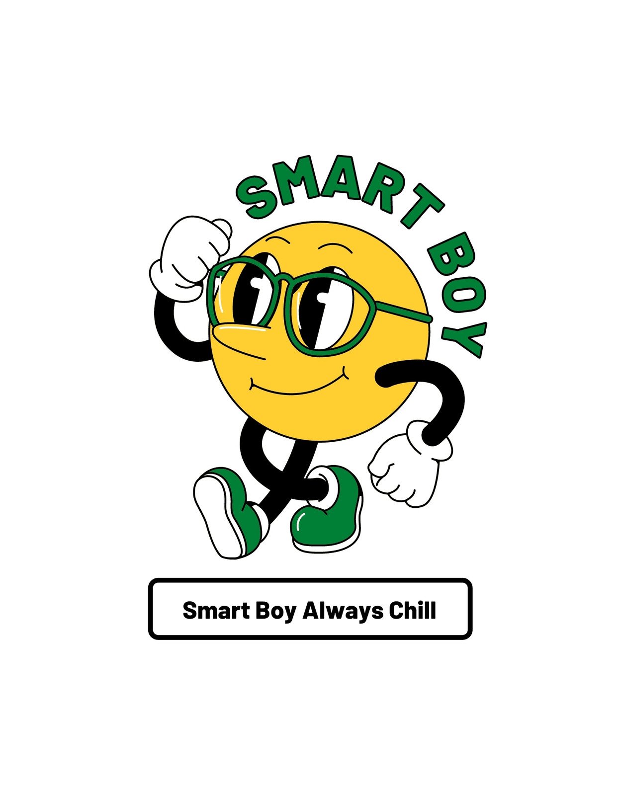 Egy mosolygó, szemüveges sárga figura látható, aki a "Smart Boy" felirat alatt pózol, laza és magabiztos kisugárzásával. 