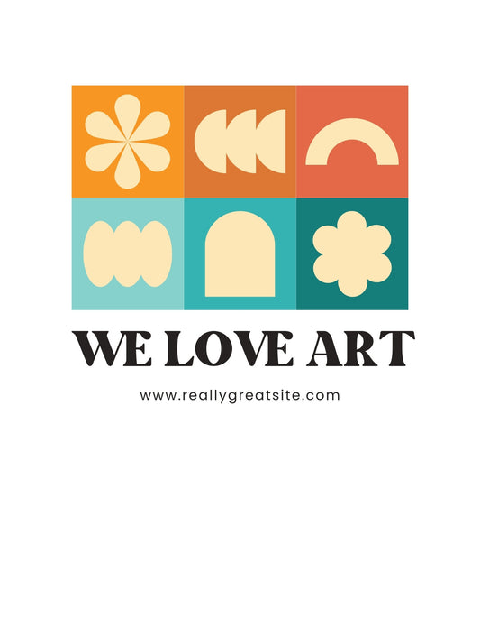 Egyedi geometriai mintás dizájn, színes négyzetekkel és stilizált formákkal, melyek együttesen egy modern, kreatív kompozíciót alkotnak. Felirat díszíti: "WE LOVE ART" és egy weboldal URL-je látható. 