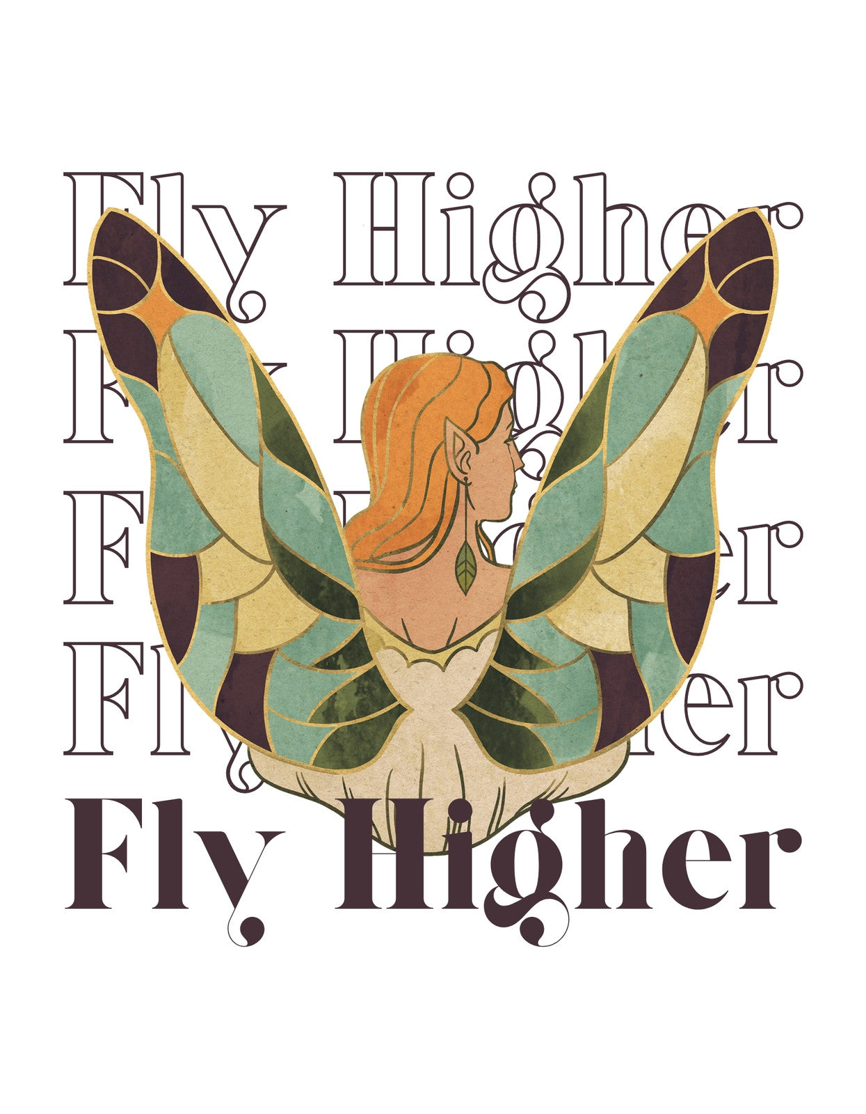 Egy tündéres ábrázolás, ahol a karakter hatalmas, színes pillangószárnyakat visel. A háttérben "Fly Higher" felirat ismétlődik, inspiráló üzenetet közvetítve. 
