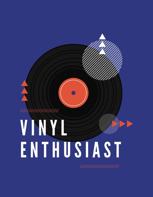 Egy dinamikus, modern grafikával rendelkező kép, mely egy bakelitlemezt ábrázol geometrikus formákkal és a "Vinyl Enthusiast" felirattal, mindezt élénk színekkel és egyedi stílusban. 