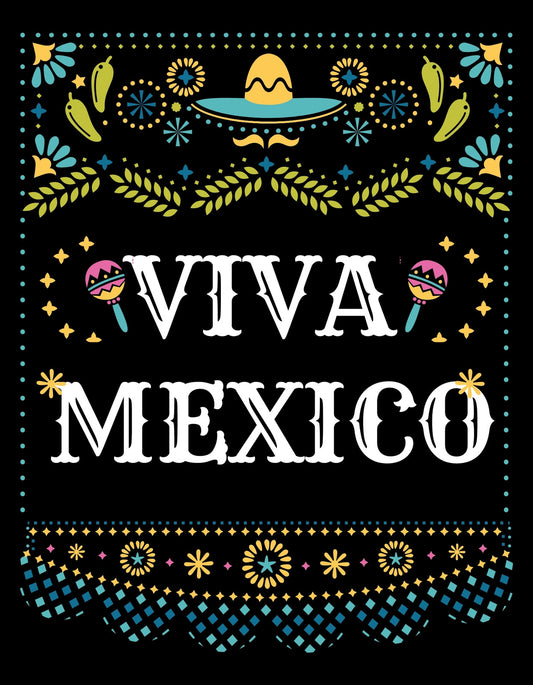 Mexikói ünneplés hangulatát sugárzó minta, amelyben egy sombrero és maracasok szerepelnek a "VIVA MEXICO" felirat körül, díszítve virágos és csillagos folklór elemekkel. 