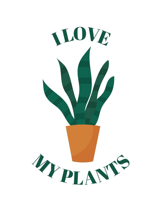 Egy cserépben növekvő zöld növényt ábrázoló kép, felette "I LOVE" és alatta "MY PLANTS" felirattal, természetes és nyugodt hangulatot áraszt. 