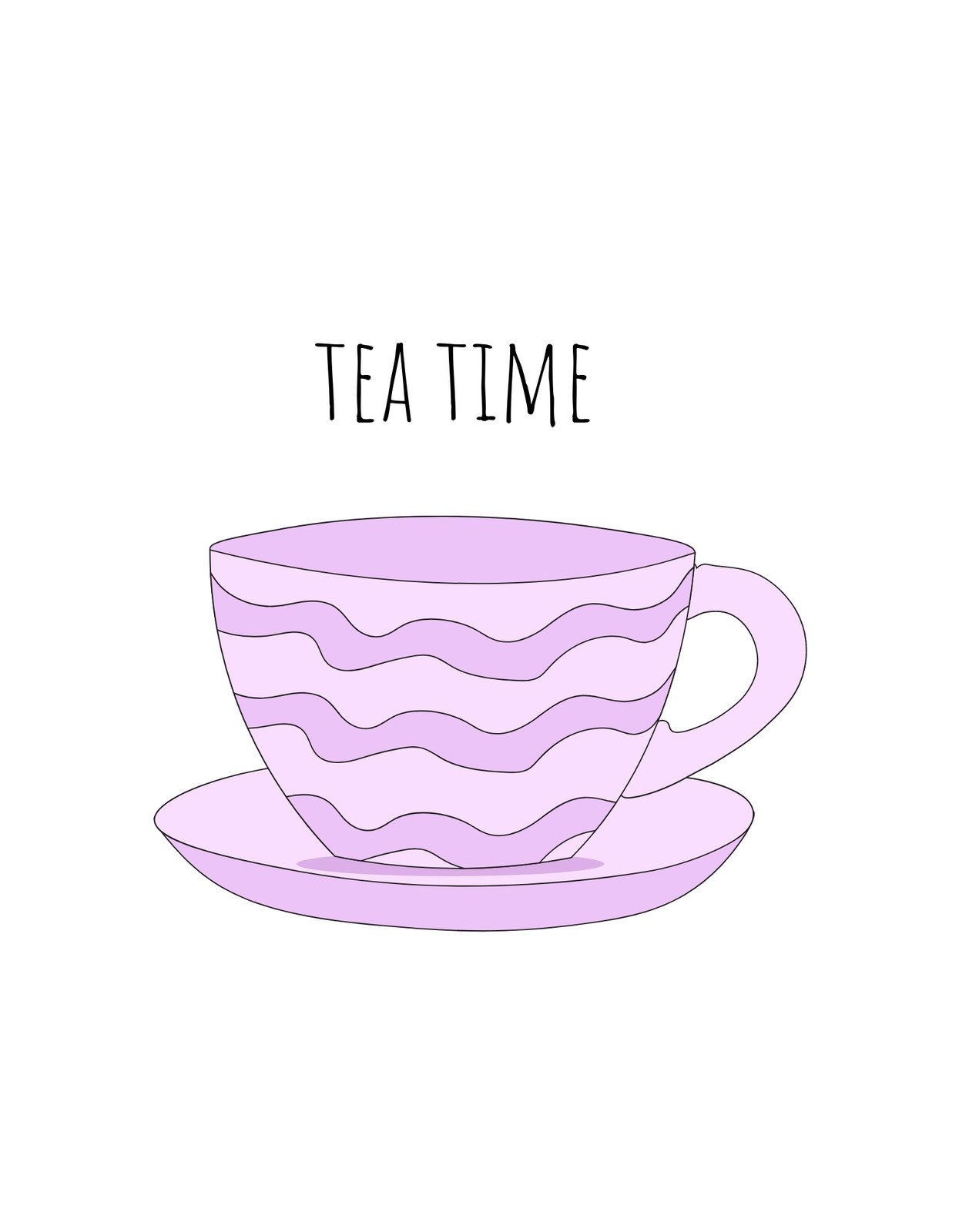 Egy bájos, lila színben pompázó teáscsésze látható, amely hullámokkal díszített és egy "TEA TIME" felirattal van ellátva, mindez kellemes, nyugodt hatást kelt. 