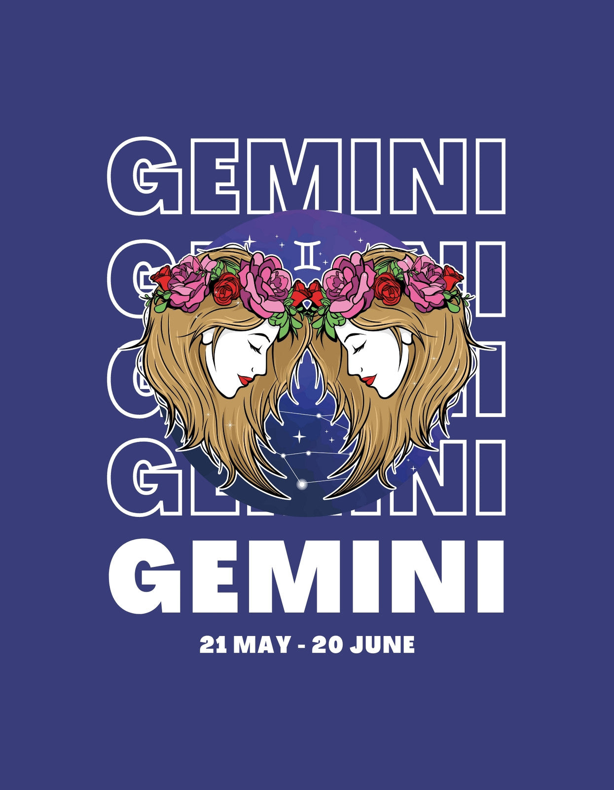 Két szimmetrikusan elhelyezkedő női arc, mindkettőn virágkoszorúval a fején, közöttük csillagkép motívumokkal. A kép alján a "Gemini" szó és a csillagjegyhez tartozó dátumok láthatóak. 