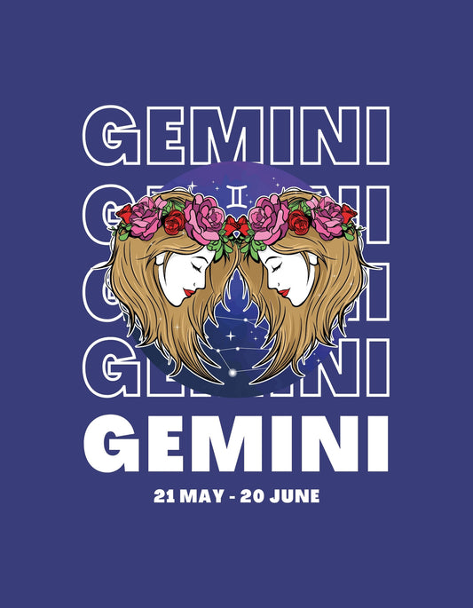 Két szimmetrikusan elhelyezkedő női arc, mindkettőn virágkoszorúval a fején, közöttük csillagkép motívumokkal. A kép alján a "Gemini" szó és a csillagjegyhez tartozó dátumok láthatóak. 