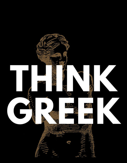 Antik ihletésű grafika, mely egy görög szobor fejét ábrázolja azon a fekete háttéren, fehér betűkkel a "THINK GREEK" szöveggel. 