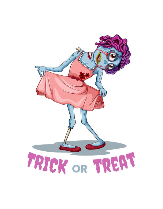 Egy mókás, de egyben hátborzongató zombi lányt ábrázol ez a kép, aki rózsaszín ruhában táncol, az "Édesség vagy csalás" felirattal alatta. 