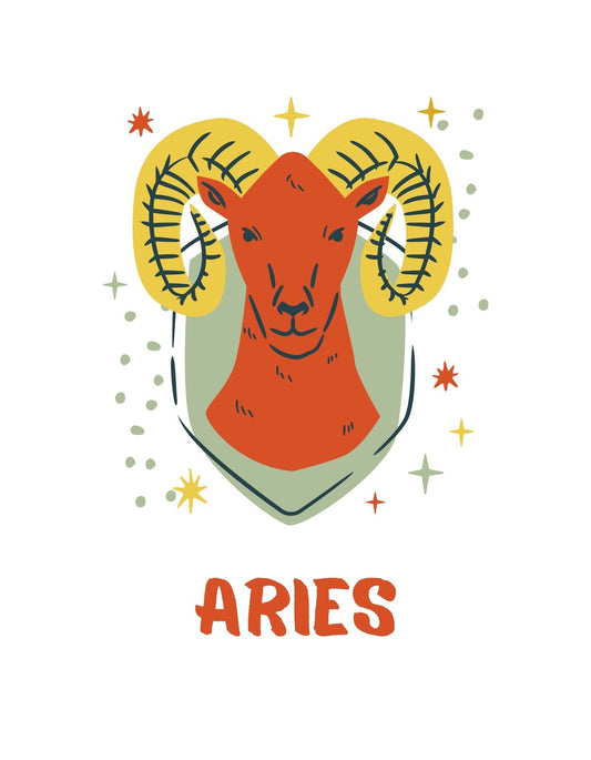 Egy merész, vörös kos ábrázolása, aranyosan stilizált szarvakkal, körülvéve csillagokkal és pöttyökkel. Alul az "ARIES" felirat kiemeli, hogy a kos csillagjegyet ábrázolja. 