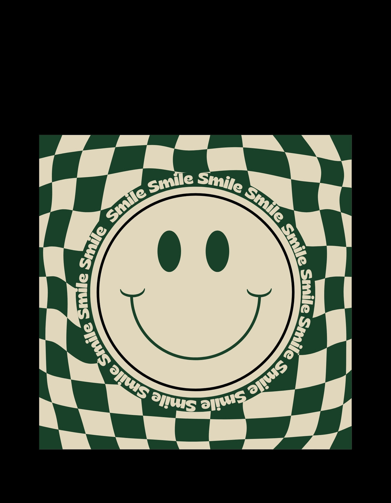 Egy stilizált, mosolygó arc középpontban, körülötte a "Smile" szó ismétlődik, bekeretezve egy sakk-mintás háttérrel. 