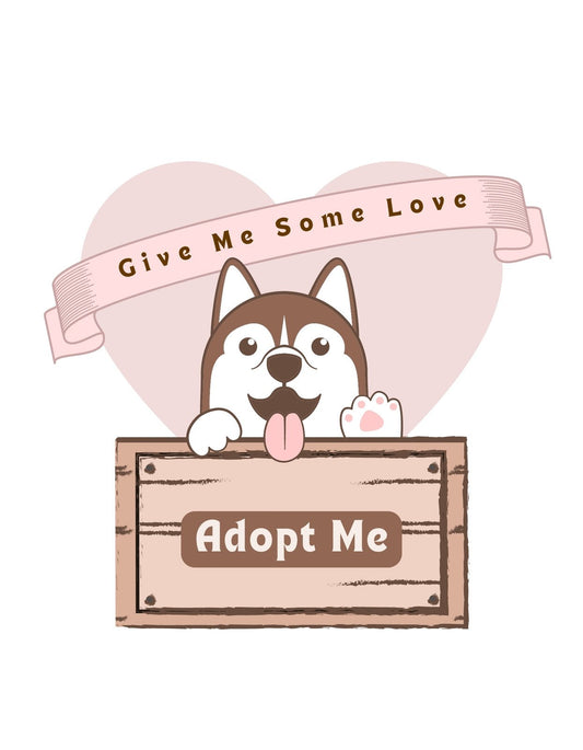 Egy aranyos kutyafigura, aki egy "Adopt Me" feliratú ládában ül, szív alakú háttérrel és "Give Me Some Love" felirattal. 