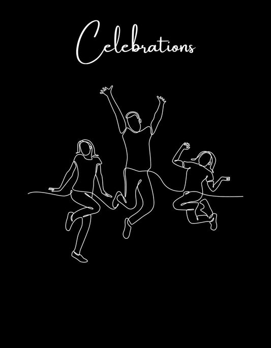 Öröm és ünneplés pillanatát ábrázoló grafika, ahol négy sziluett táncol és ugrál, köztük egy férfi kitárt karokkal az ég felé. A design fehér vonalakból áll fekete háttéren, a felső részen "Celebrations" felirat díszít. 