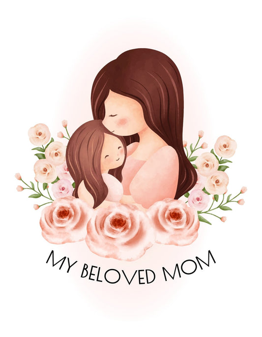 Egy szeretetteljes anya és gyermeke látható, bensőséges ölelkezés közepette, körülöttük finom rózsaszín virágokkal díszítve. 