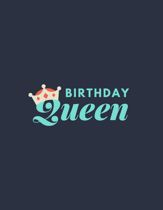 Egy stilizált korona díszíti ezt a sötétkék hátteret, a "Birthday Queen" szöveggel alatta, ízlésesen elrendezve. A design elegáns és ünnepi hangulatot áraszt, tökéletes születésnapi ajándék azoknak, akik szeretik királynőként érezni magukat ezen a különleges napon. 