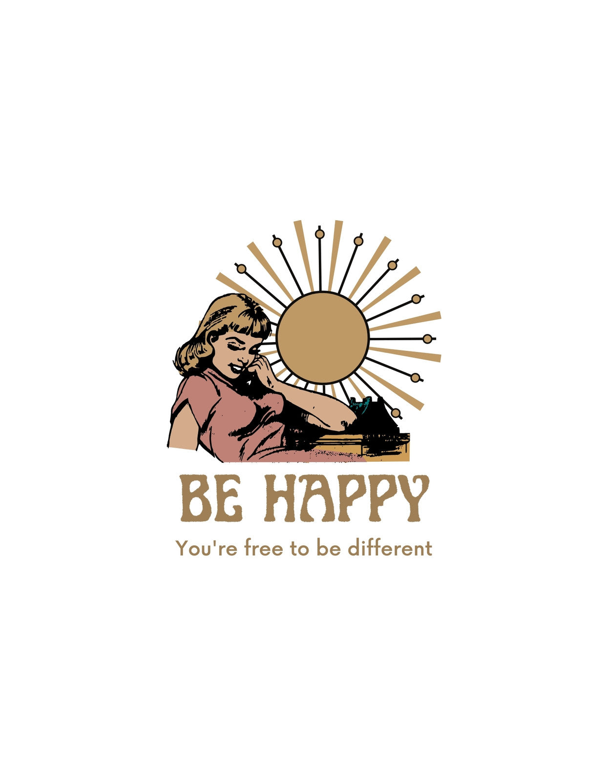 Egy vidám gyermek ábrázolása, aki mellett egy nagy, stilizált nap sugárzik. A kép alján a "BE HAPPY" felirat olvasható, melyet a "You're free to be different" szöveg egészít ki inspiráló üzenettel. 